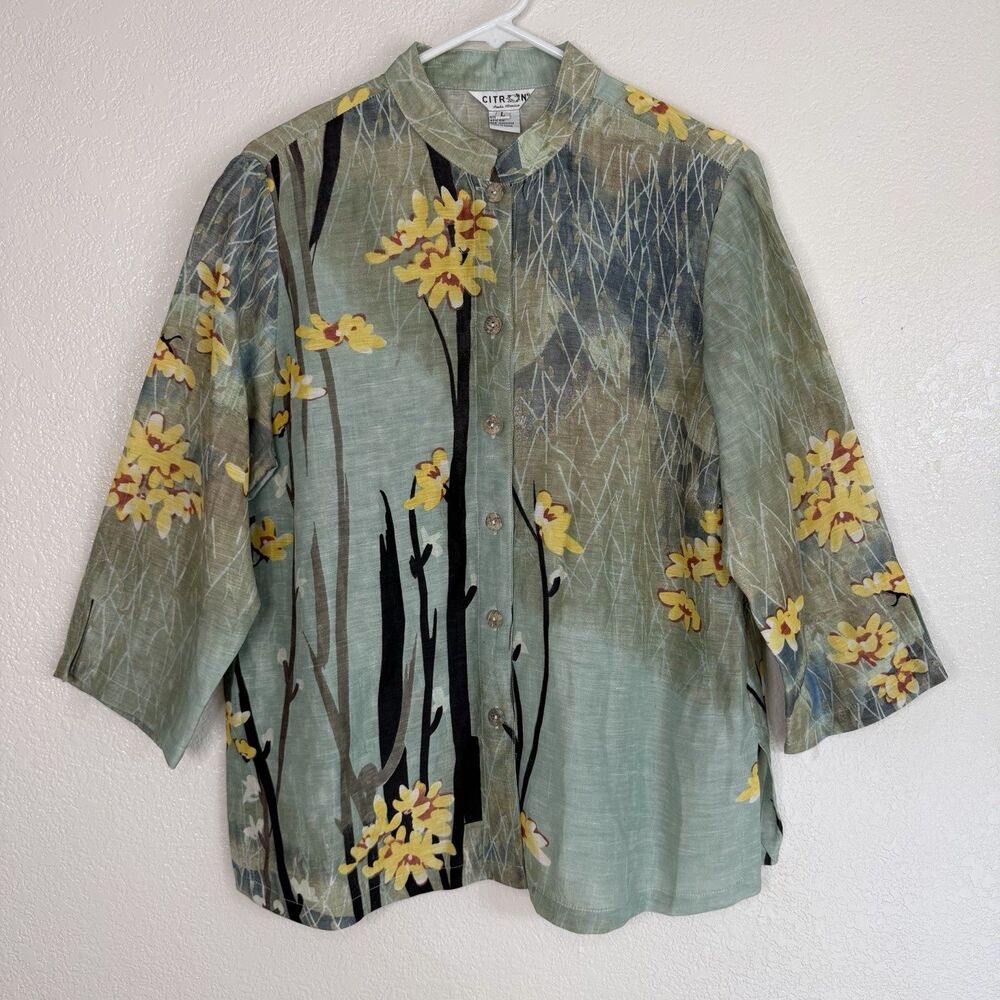 Citron Santa Monica Silk Linen Blouse LARGE Green Floral Oriental Wearable Art